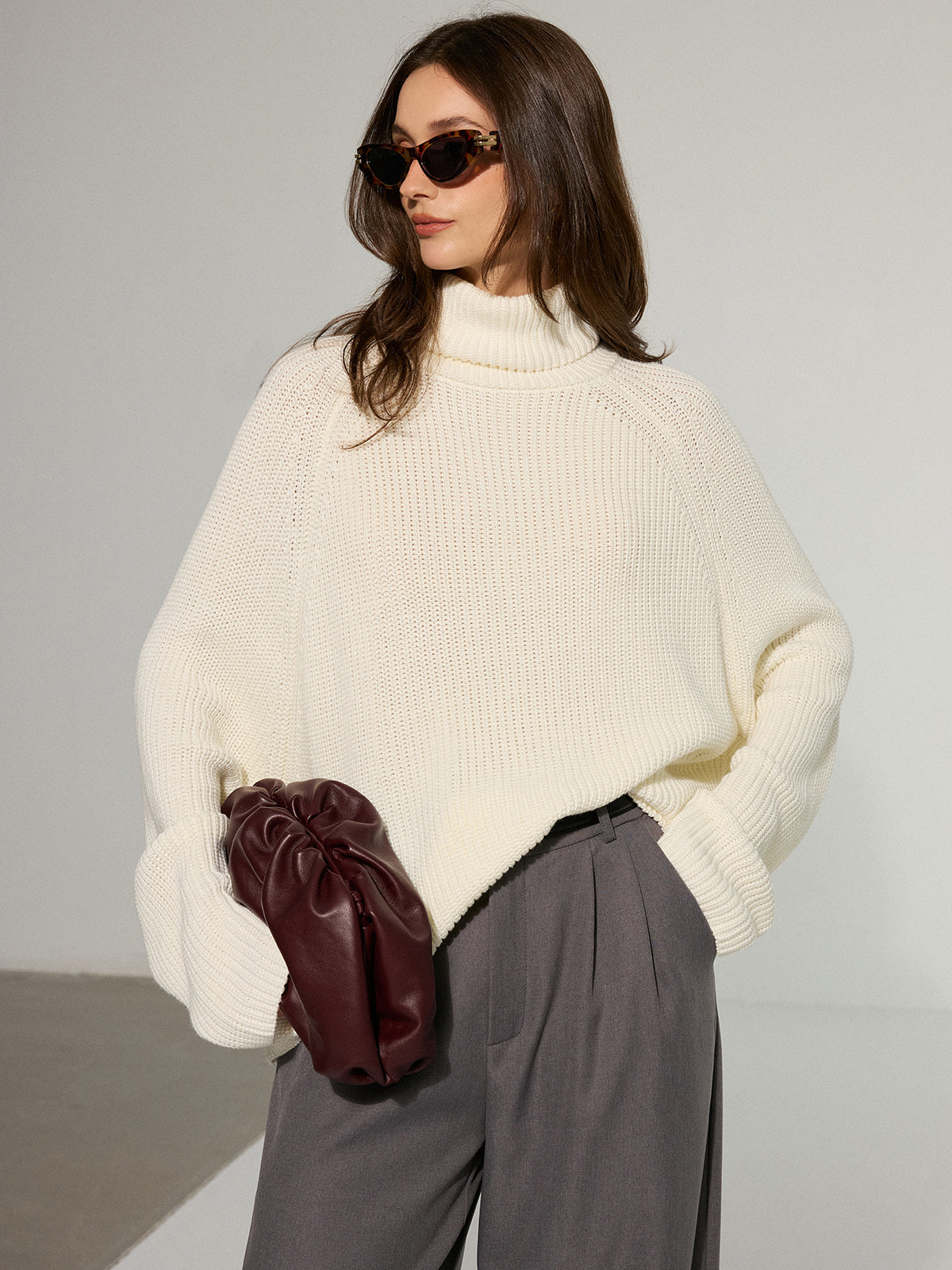 Oversized Backless Turtleneck Sweater for Women Cozy Knit