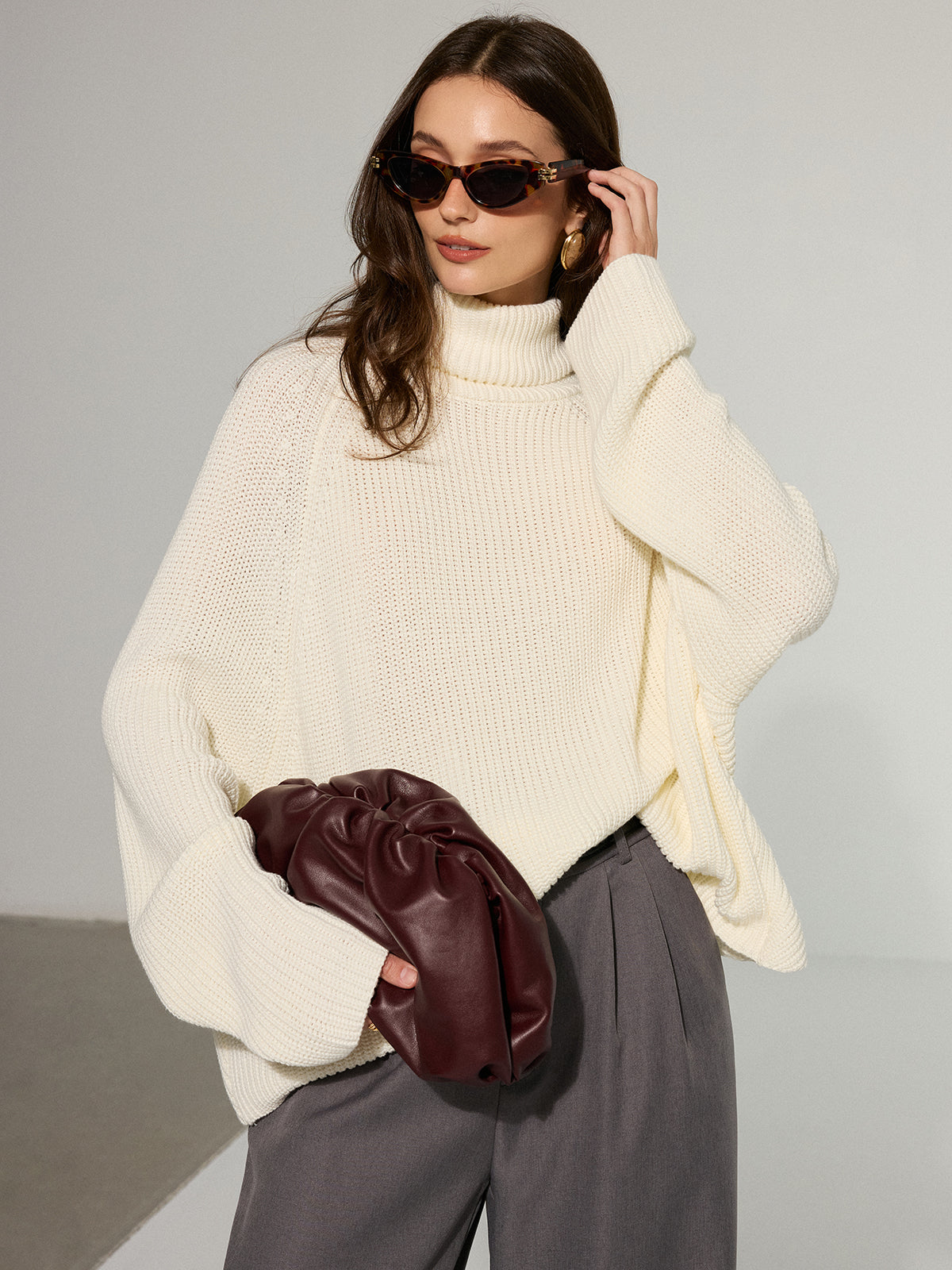Oversized Backless Turtleneck Sweater for Women Cozy Knit