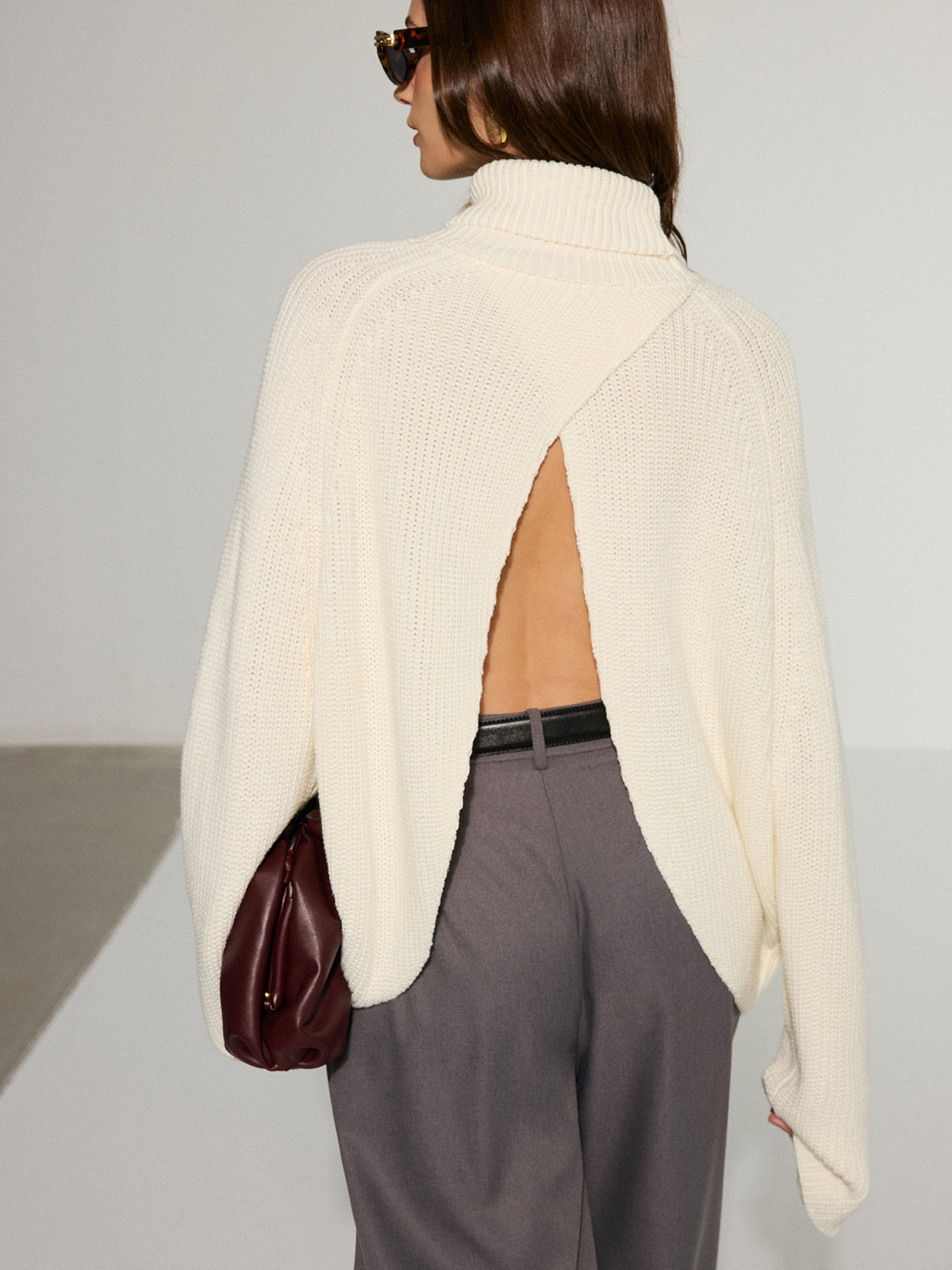 Oversized Backless Turtleneck Sweater for Women Cozy Knit