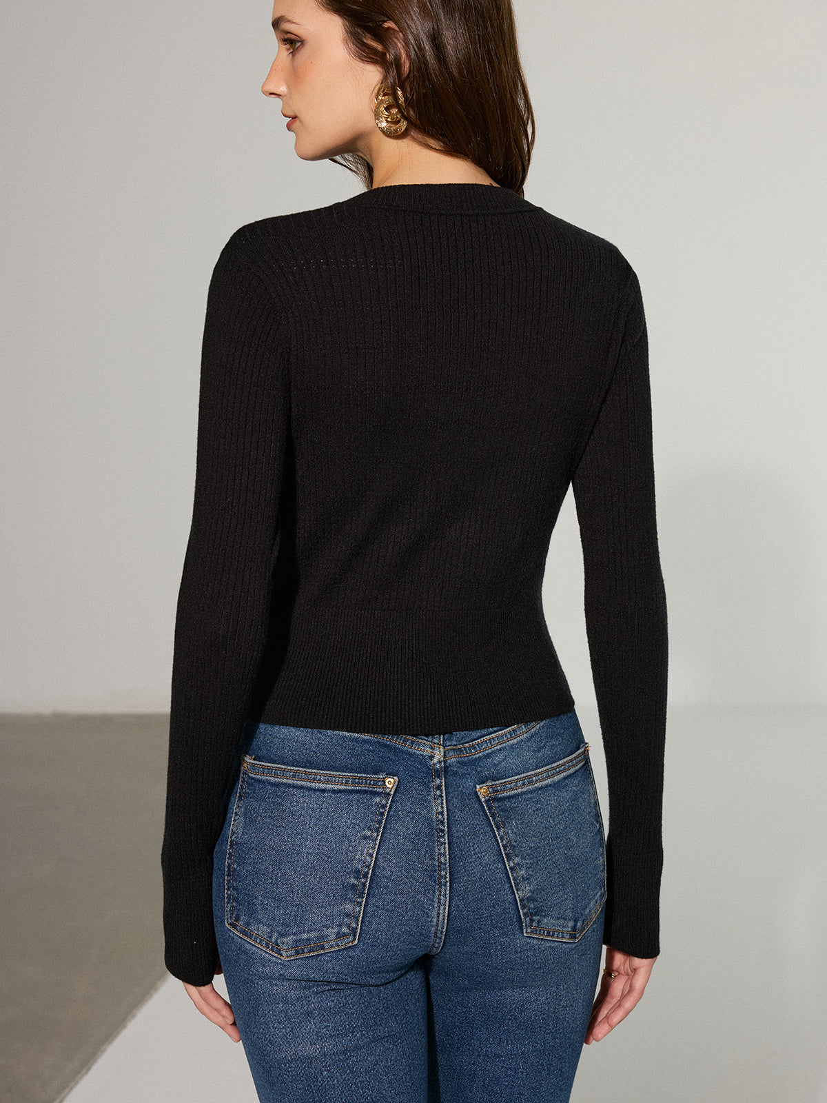 Bow Cut-Out Ribbed Knit Top Women's Casual Long Sleeve Pullover