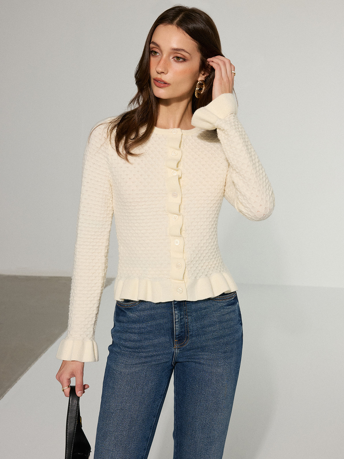 Textured Ruffle Knit Top Women's Casual Fall Wear