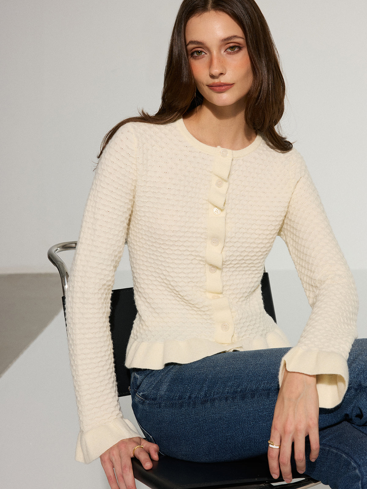 Textured Ruffle Knit Top Women's Casual Fall Wear