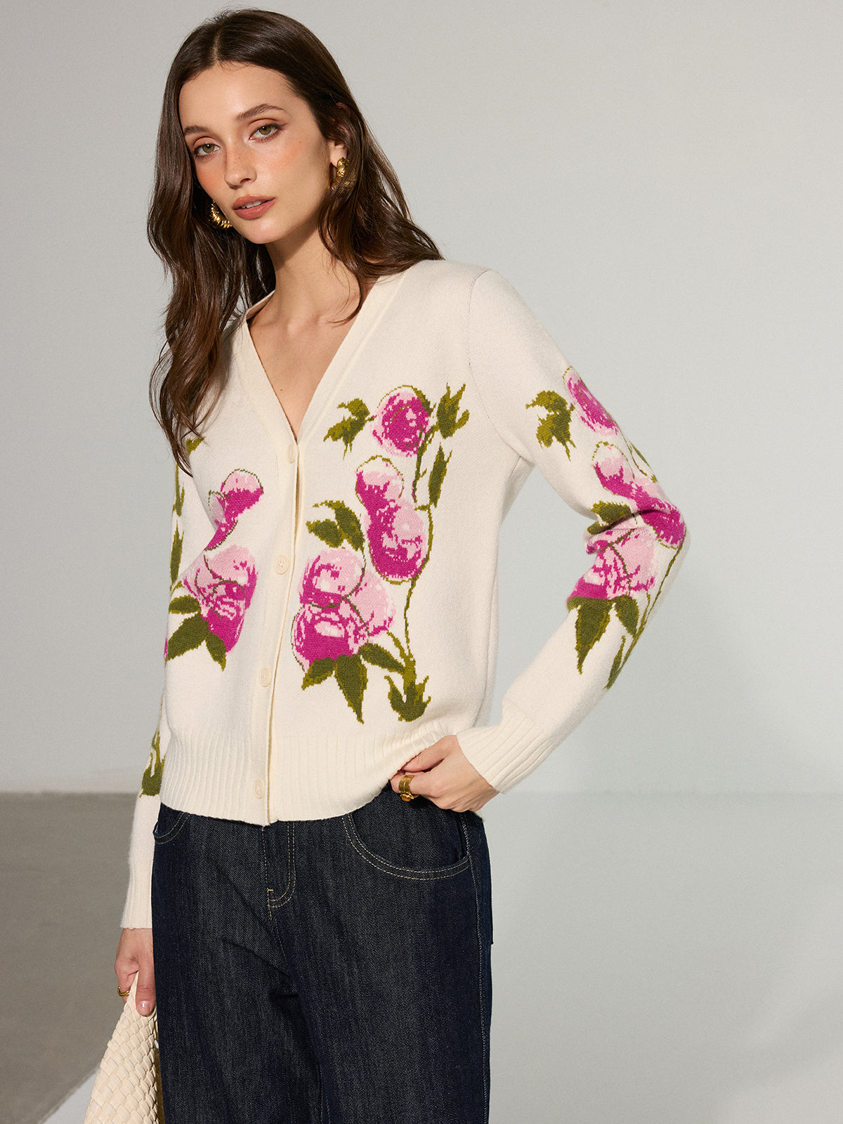 Floral V-Neck Button-Front Cardigan Lightweight Spring Layer