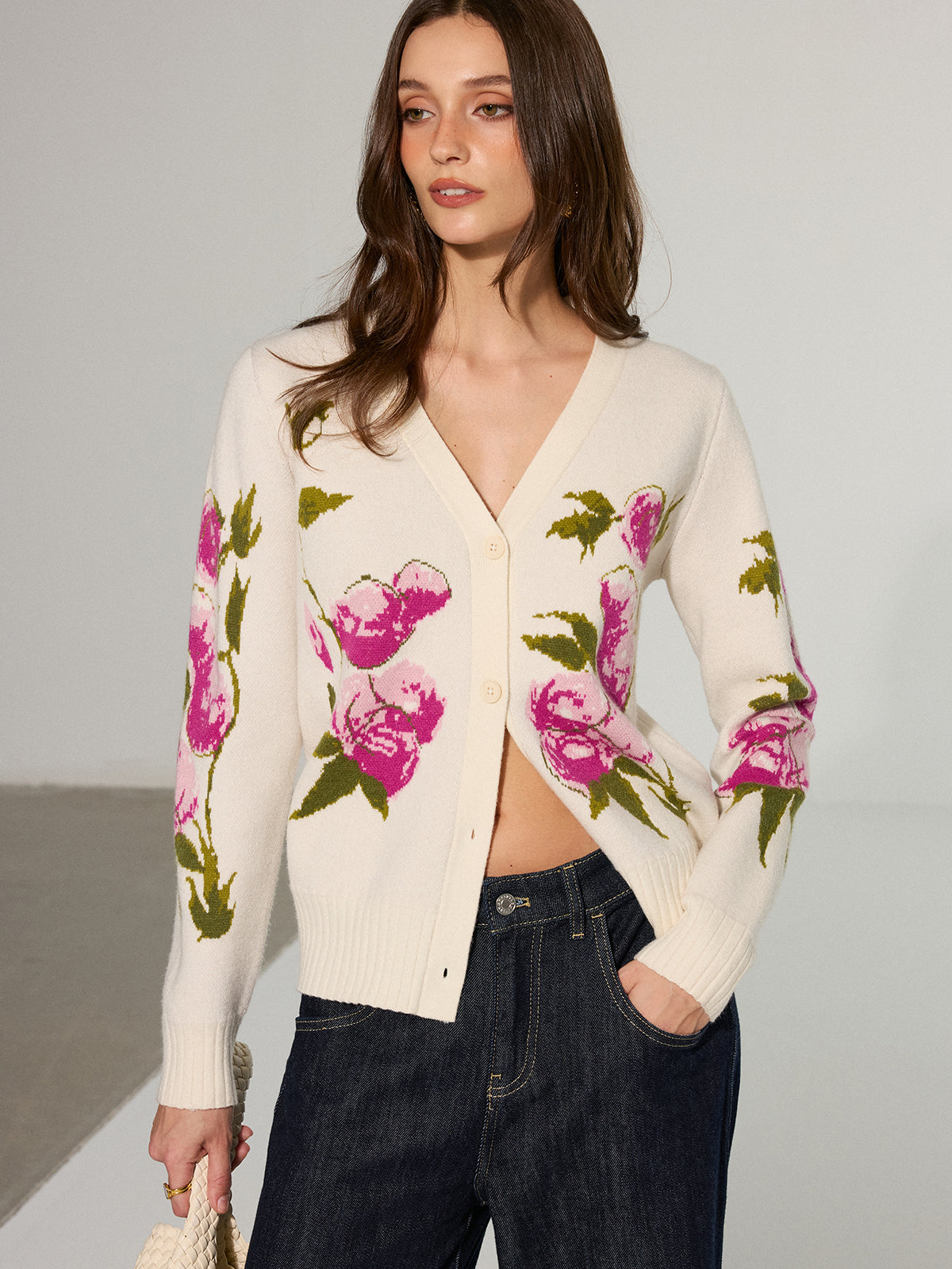 Floral V-Neck Button-Front Cardigan Lightweight Spring Layer