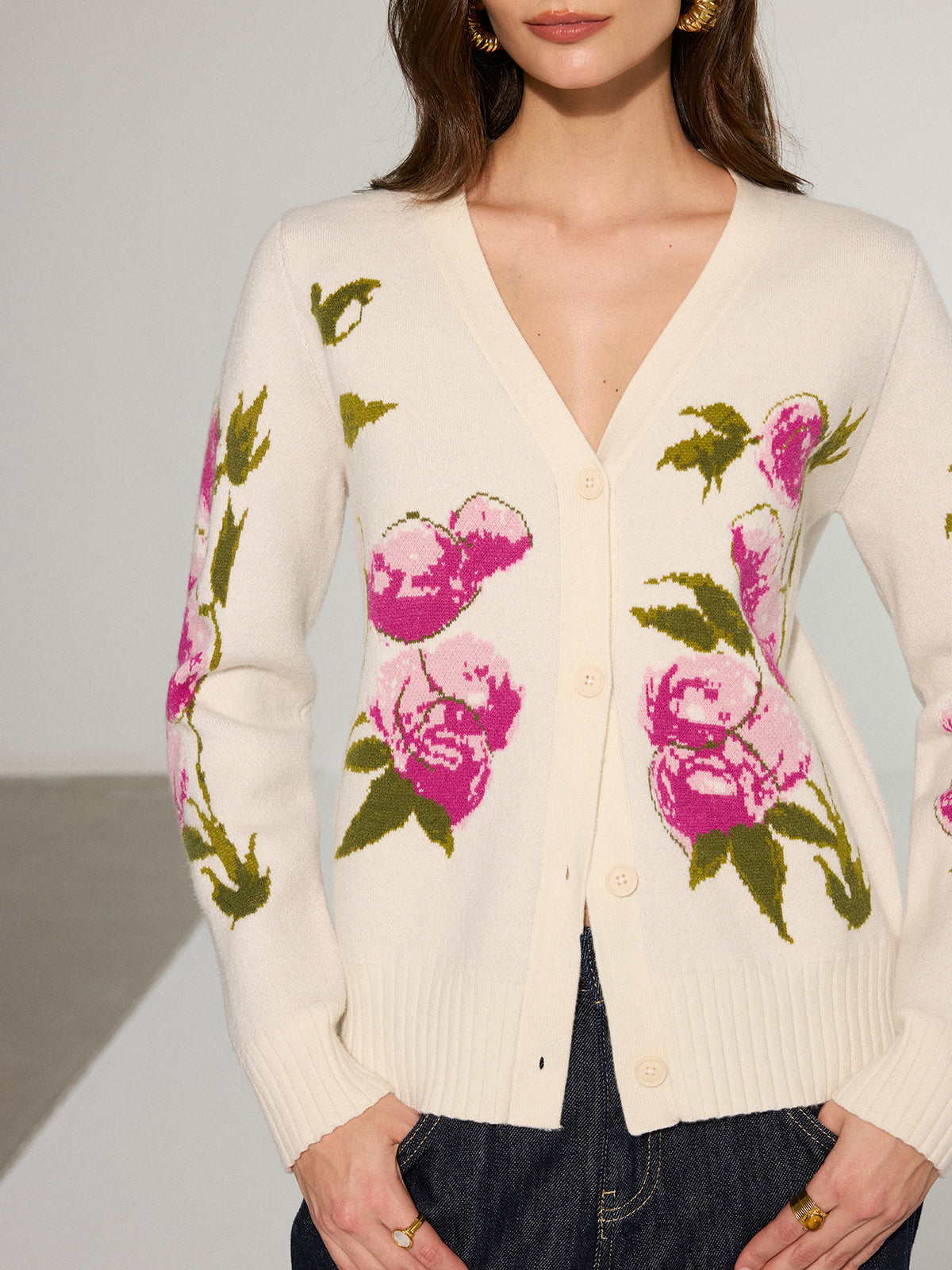 Floral V-Neck Button-Front Cardigan Lightweight Spring Layer