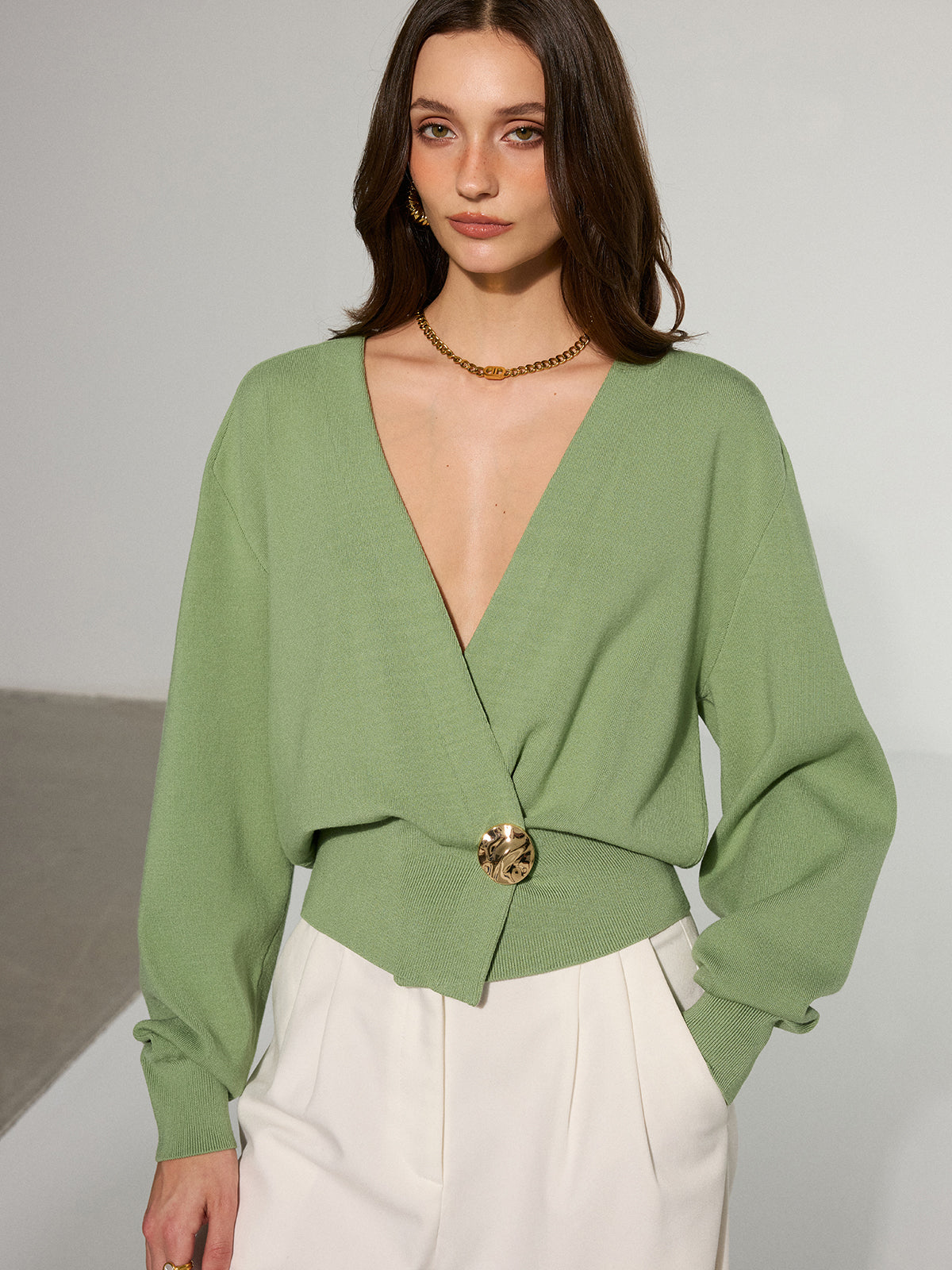 Metal Decor Waisted Knitted Wrap Cardigan Lightweight Casual Outerwear