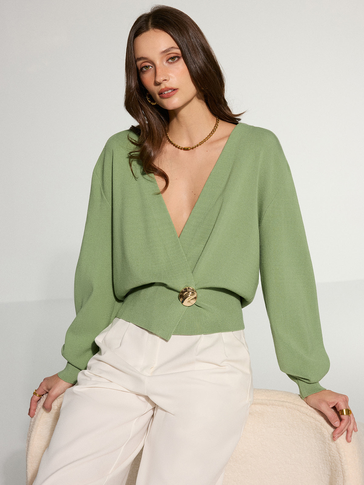 Metal Decor Waisted Knitted Wrap Cardigan Lightweight Casual Outerwear