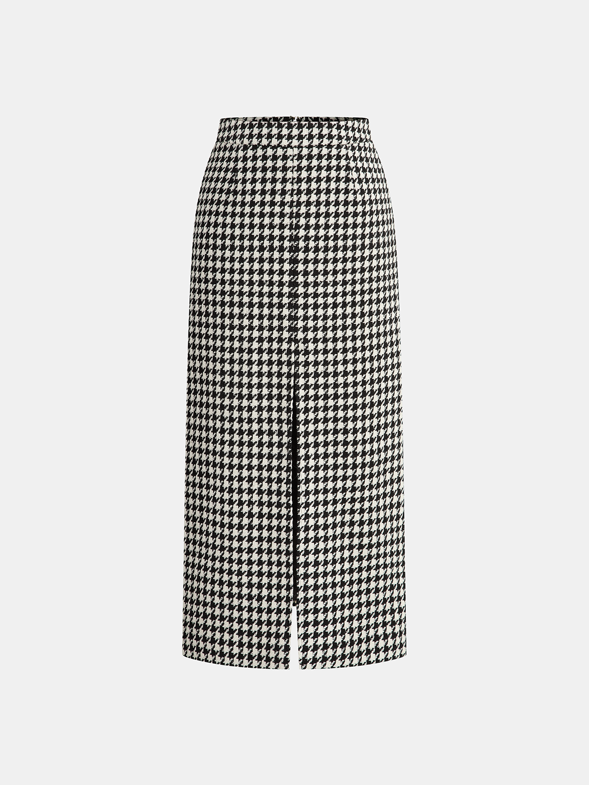 Houndstooth Tweed Slit Front Maxi Skirt - Elegant High-Waist Design