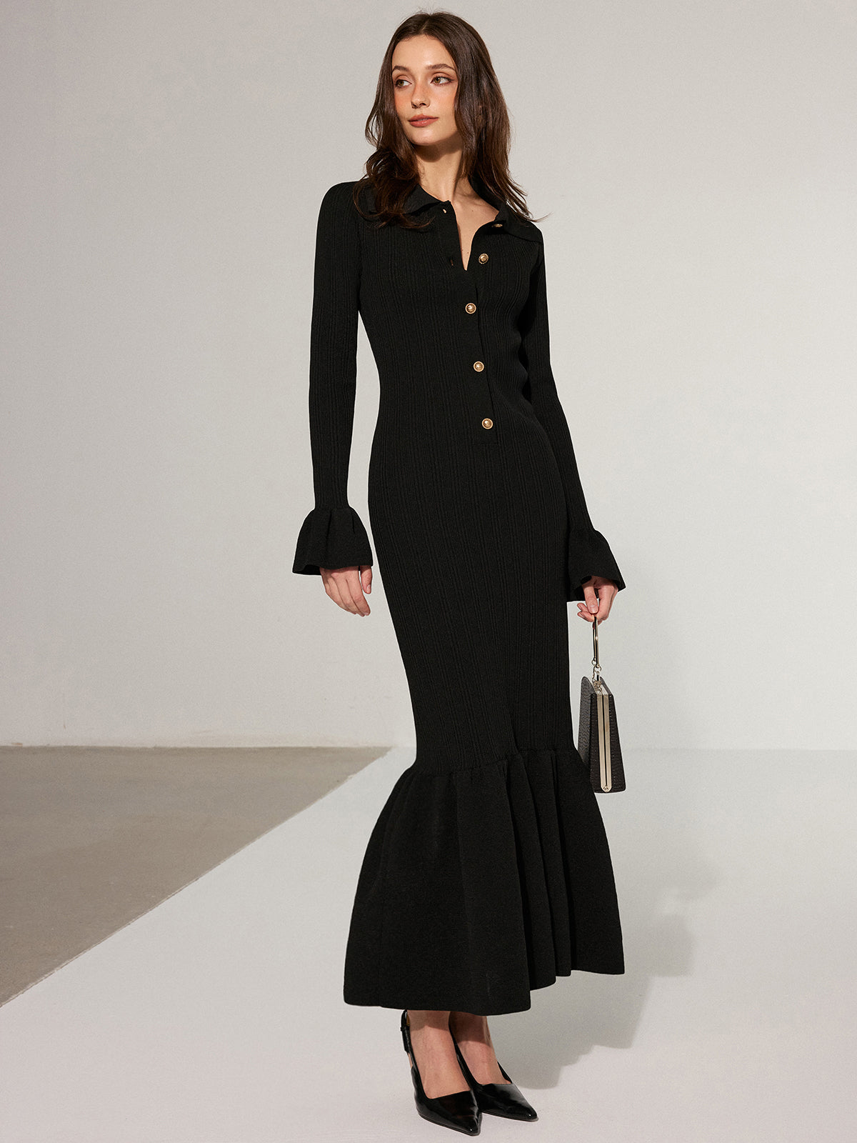 Mermaid Hem Collared Knit Maxi Dress - Elegant Long Sleeve Evening Gown