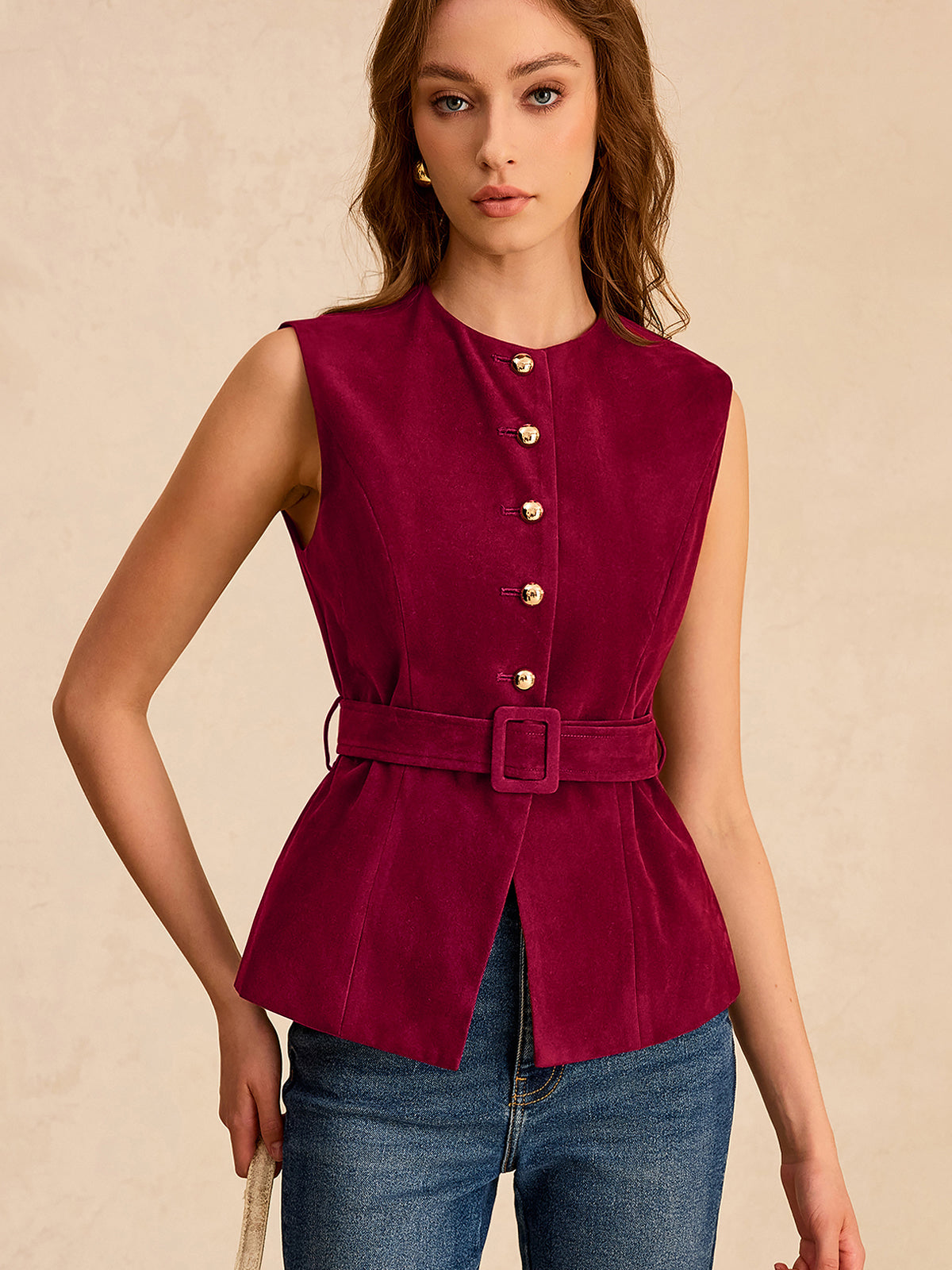 Suede Effect Vest with Belt Fashionable LightWeight Outerwear