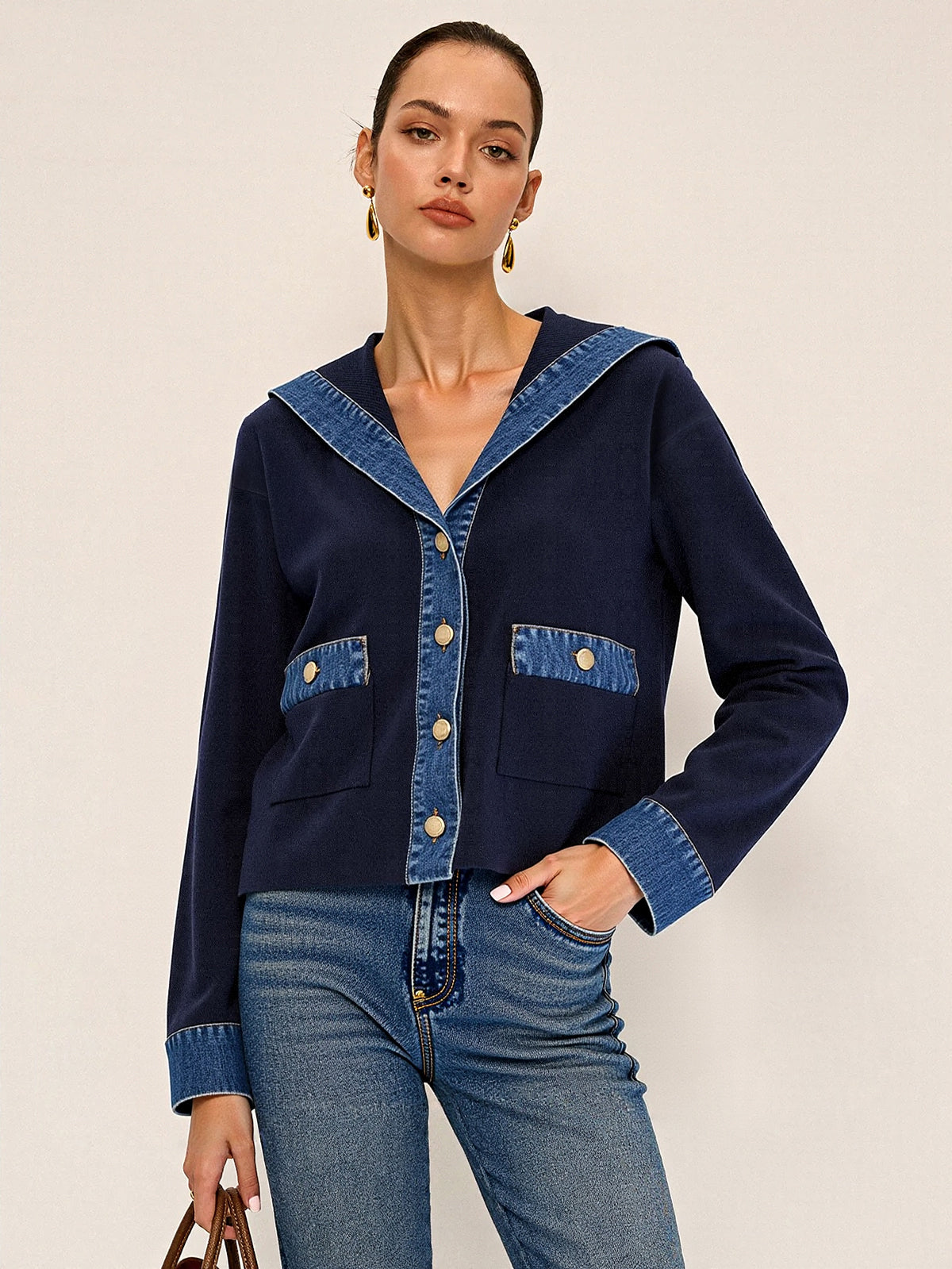 Sailor Collar Denim Trim Knit Outerwear for Women Casual Style