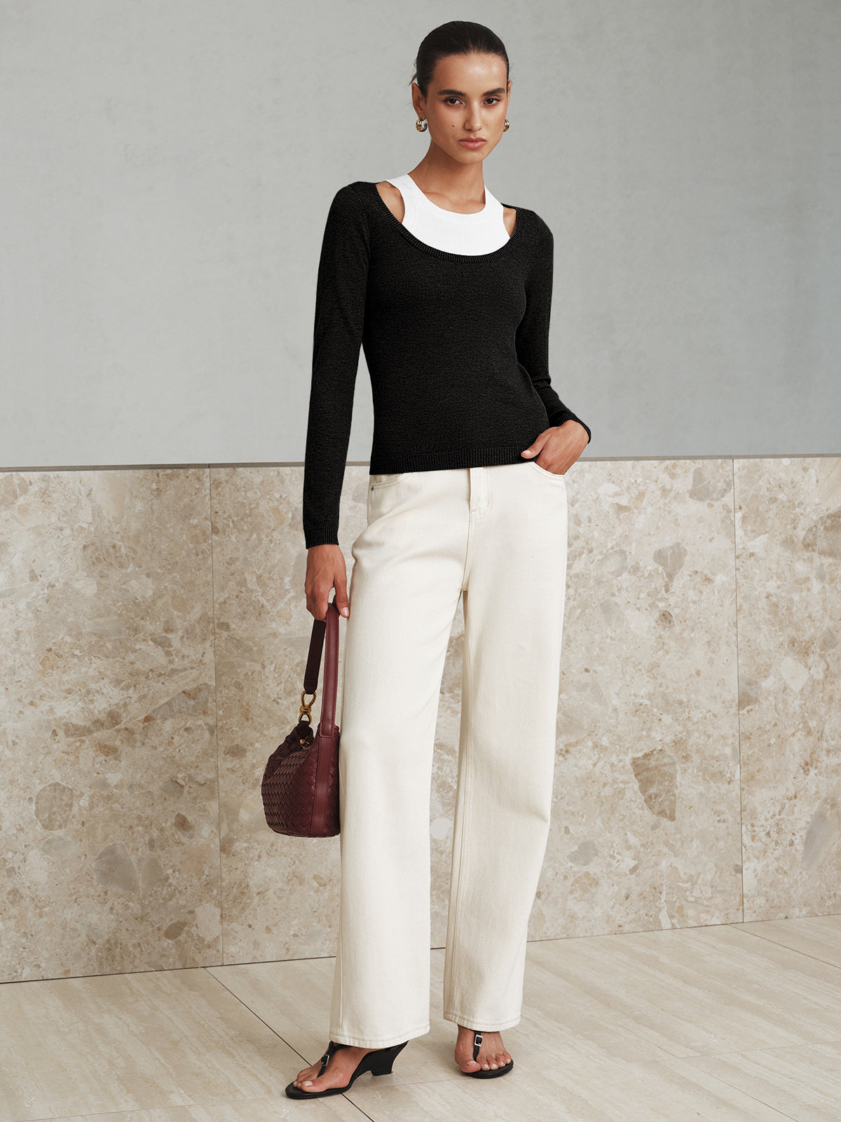 2 in 1 Wool-Blend Layered Cut-Out Knit Top with Fashionable Long Sleeves