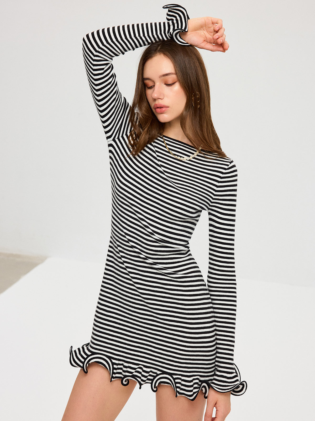Long Sleeve Striped Ruffle Hem Mini Dress for Women Casual Party