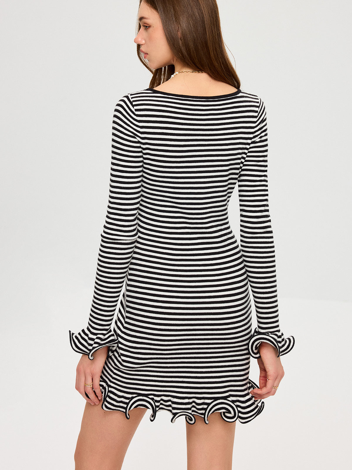 Long Sleeve Striped Ruffle Hem Mini Dress for Women Casual Party