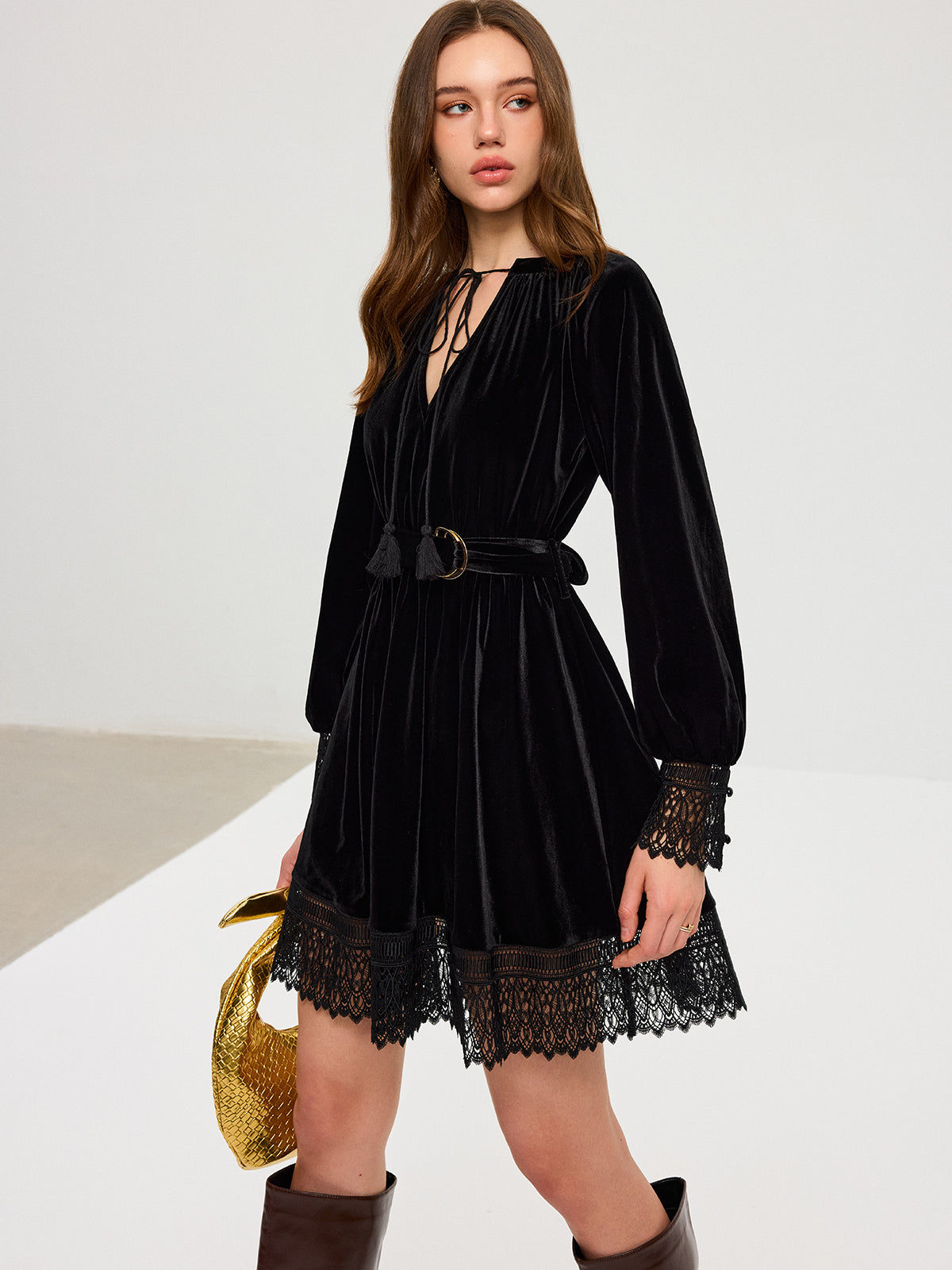 Velvet Belted Lace Trim Mini Dress Elegant Party Evening Wear