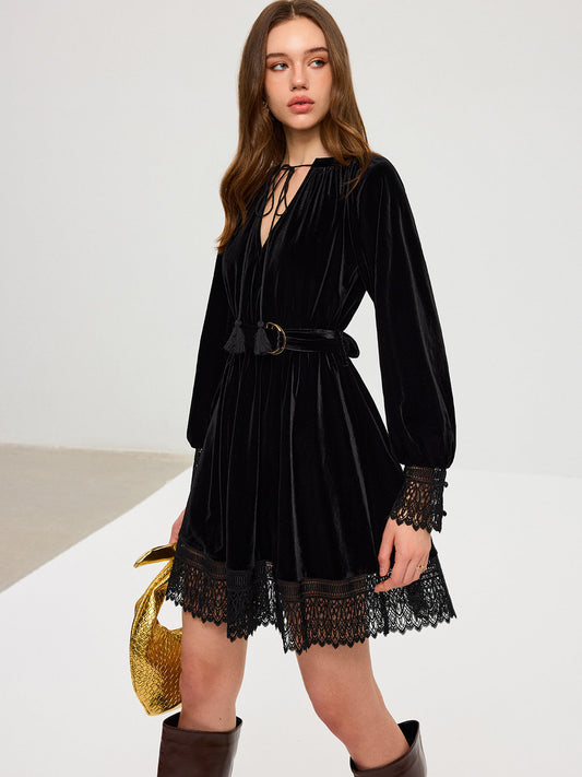 Velvet Belted Lace Trim Mini Dress Elegant Party Evening Wear
