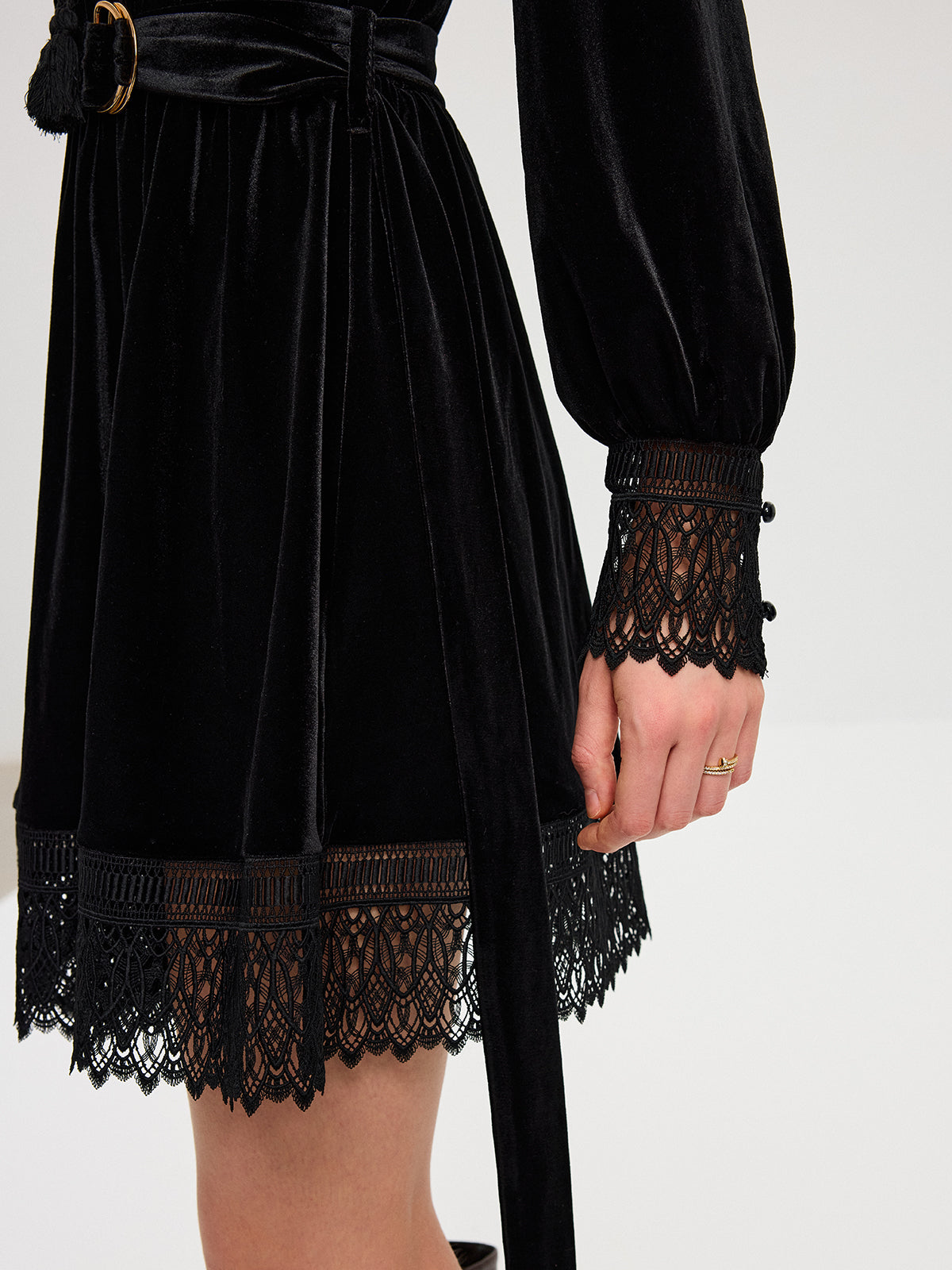 Velvet Belted Lace Trim Mini Dress Elegant Party Evening Wear