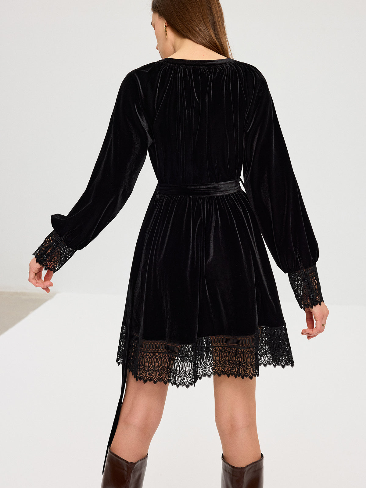 Velvet Belted Lace Trim Mini Dress Elegant Party Evening Wear