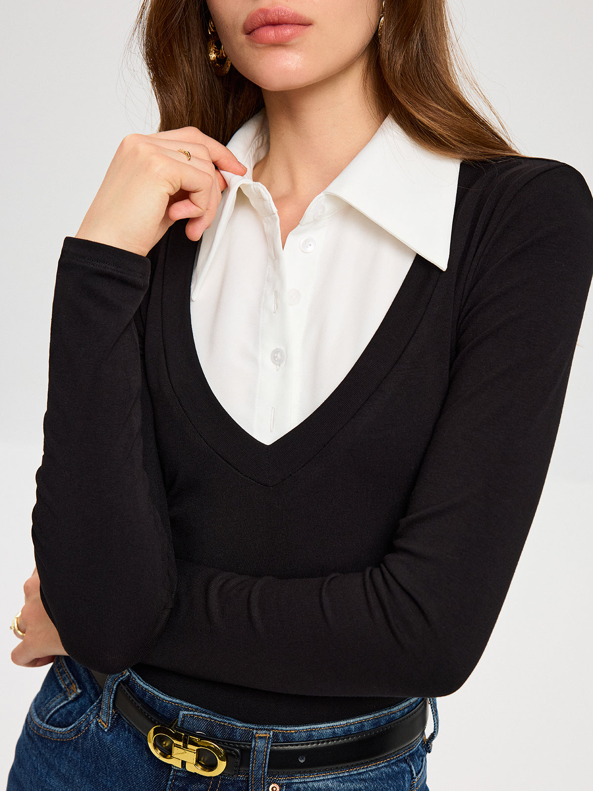 High-Stretch Contrast Shirt Collar Knit Bodysuit with Fitted Sleeves and Snap Closure