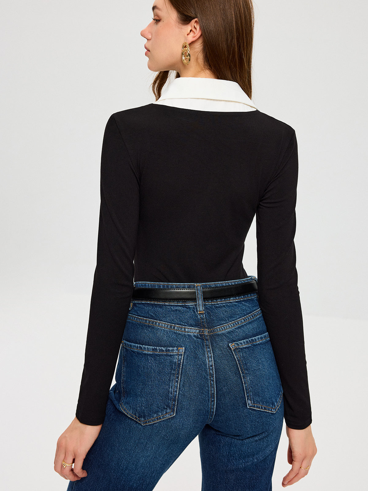 High-Stretch Contrast Shirt Collar Knit Bodysuit with Fitted Sleeves and Snap Closure