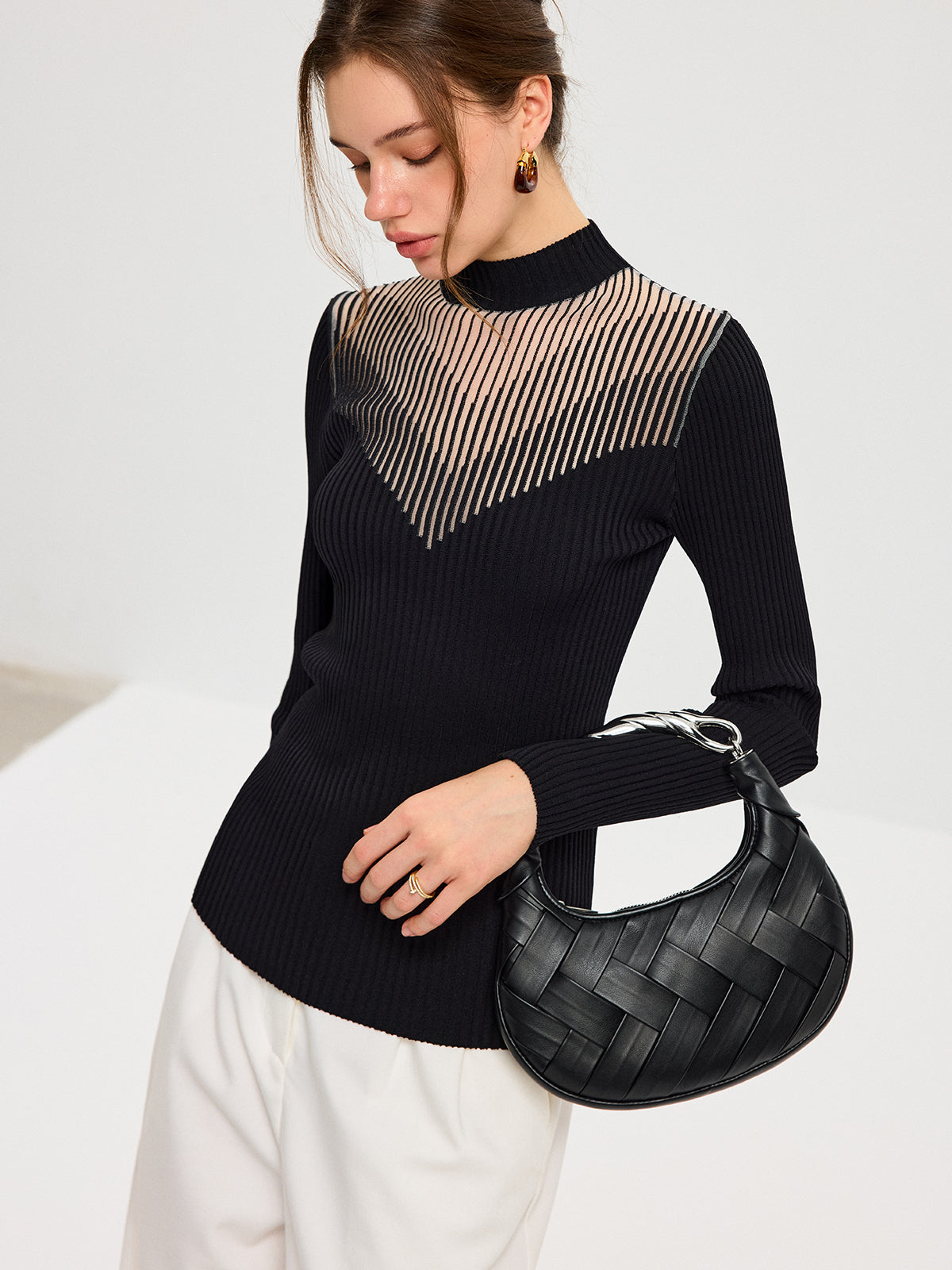 Striped Mesh Panel Ribbed Knit Top - Women's Casual Long Sleeve Pullover