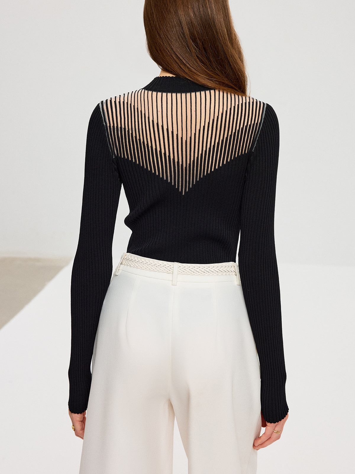 Striped Mesh Panel Ribbed Knit Top - Women's Casual Long Sleeve Pullover