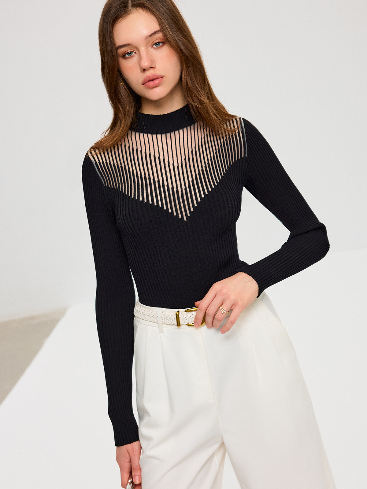 Striped Mesh Panel Ribbed Knit Top - Women's Casual Long Sleeve Pullover