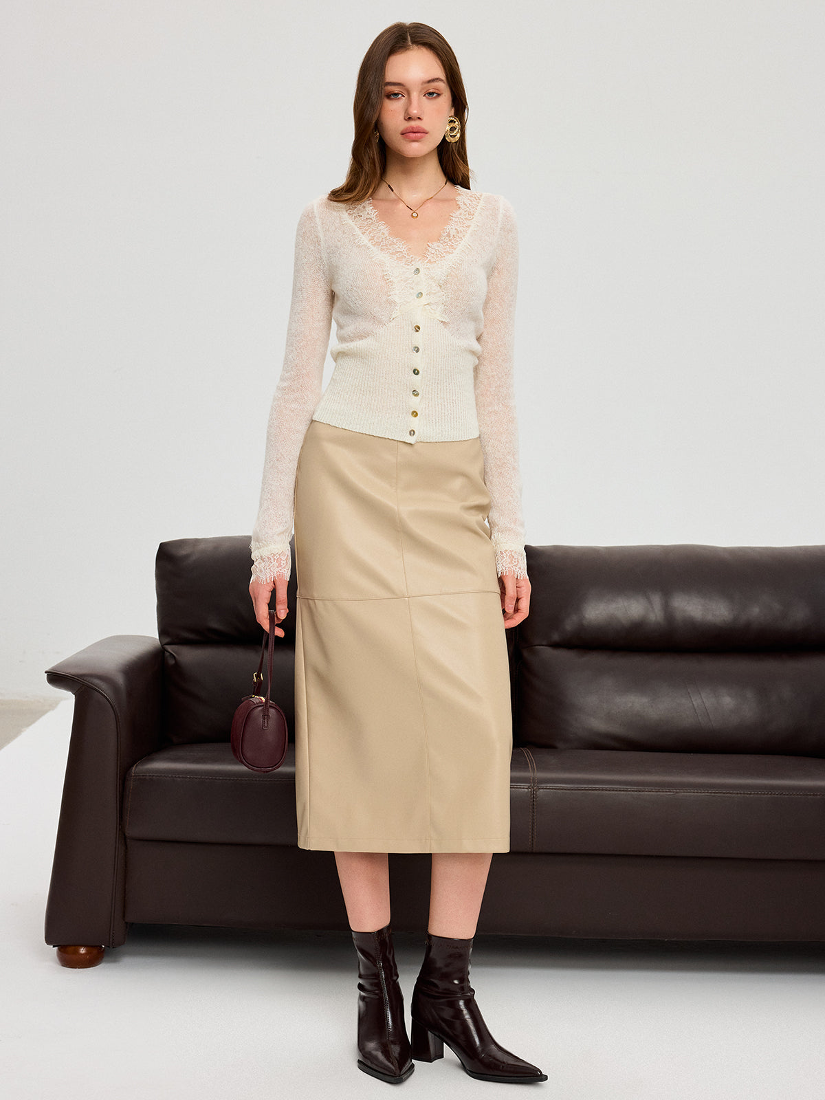 Wool Blend Lace V-Neck Button Knit Top Women's Fashion Essential