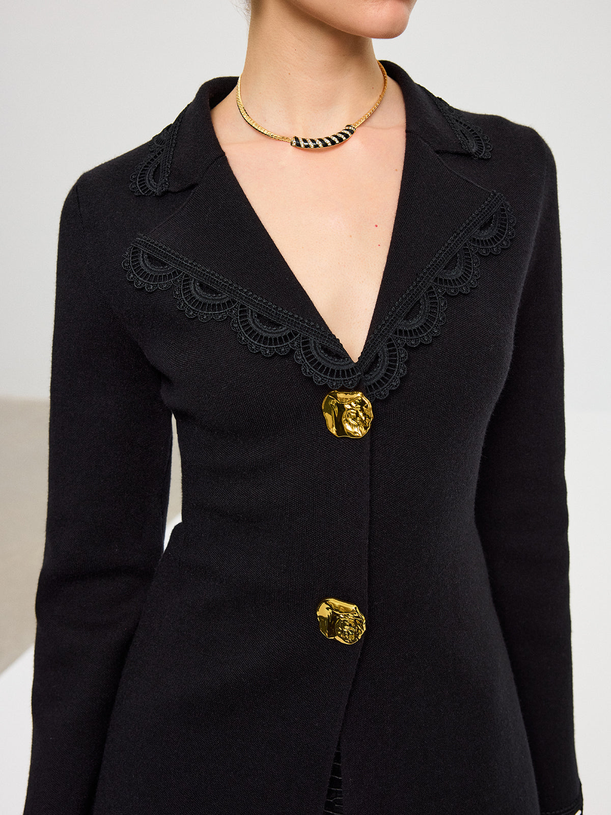 Wool Blend Lace Trim Metal Button Cardigan for Women, Elegant Long Sleeve Sweater.