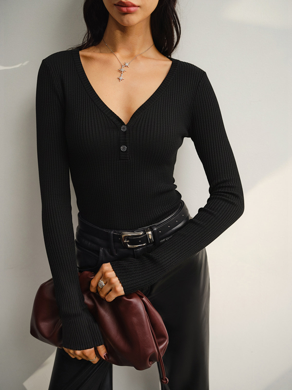 Button Placket Ribbed Knit Fitted V-Neck Top - Women's Casual Long Sleeve T-Shirt