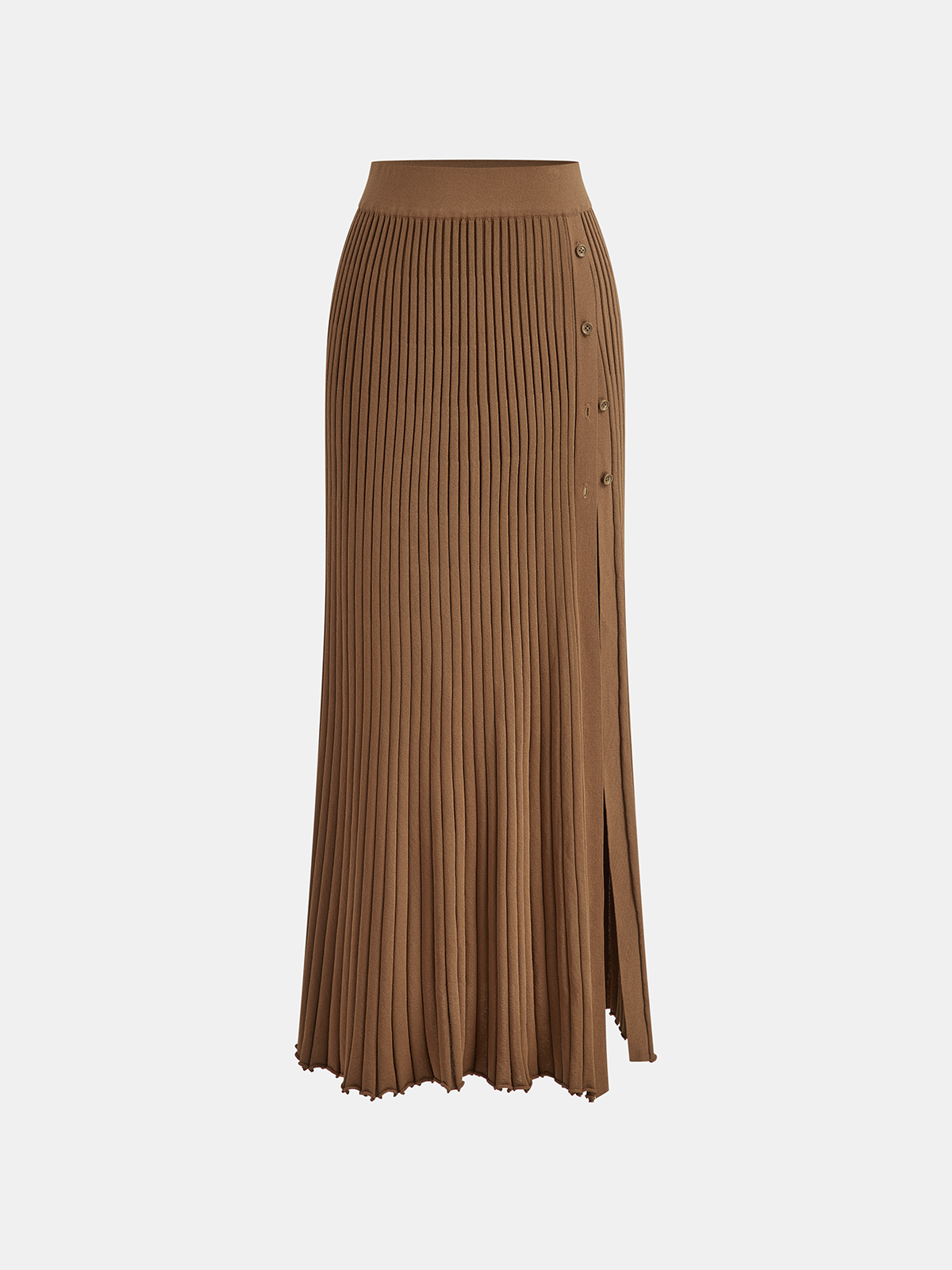 Ribbed Side Slit Button Detail Midi Skirt with Elastic Waistband