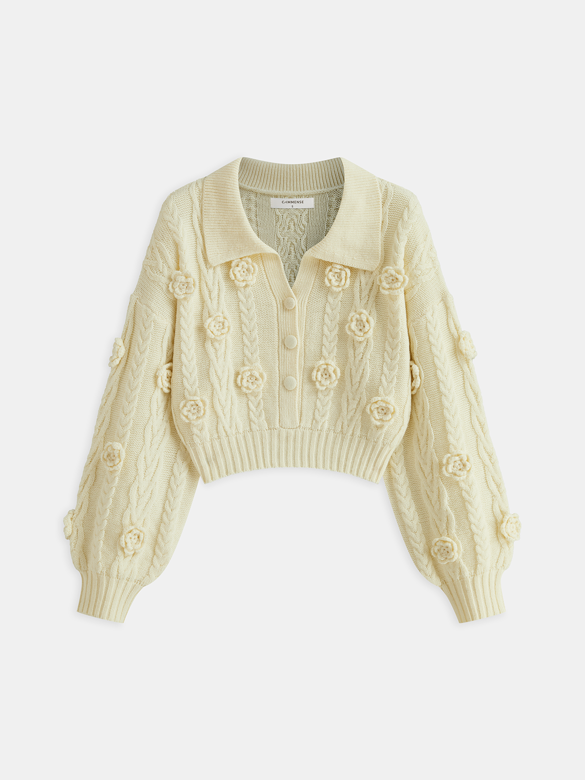 3D Floral Collared Cable Knit Top for Women Winter Wardrobe Essentials