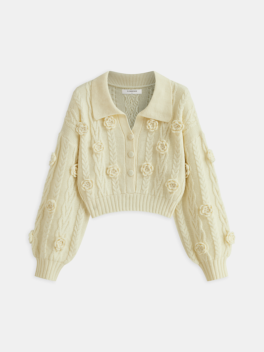 3D Floral Collared Cable Knit Top for Women Winter Wardrobe Essentials