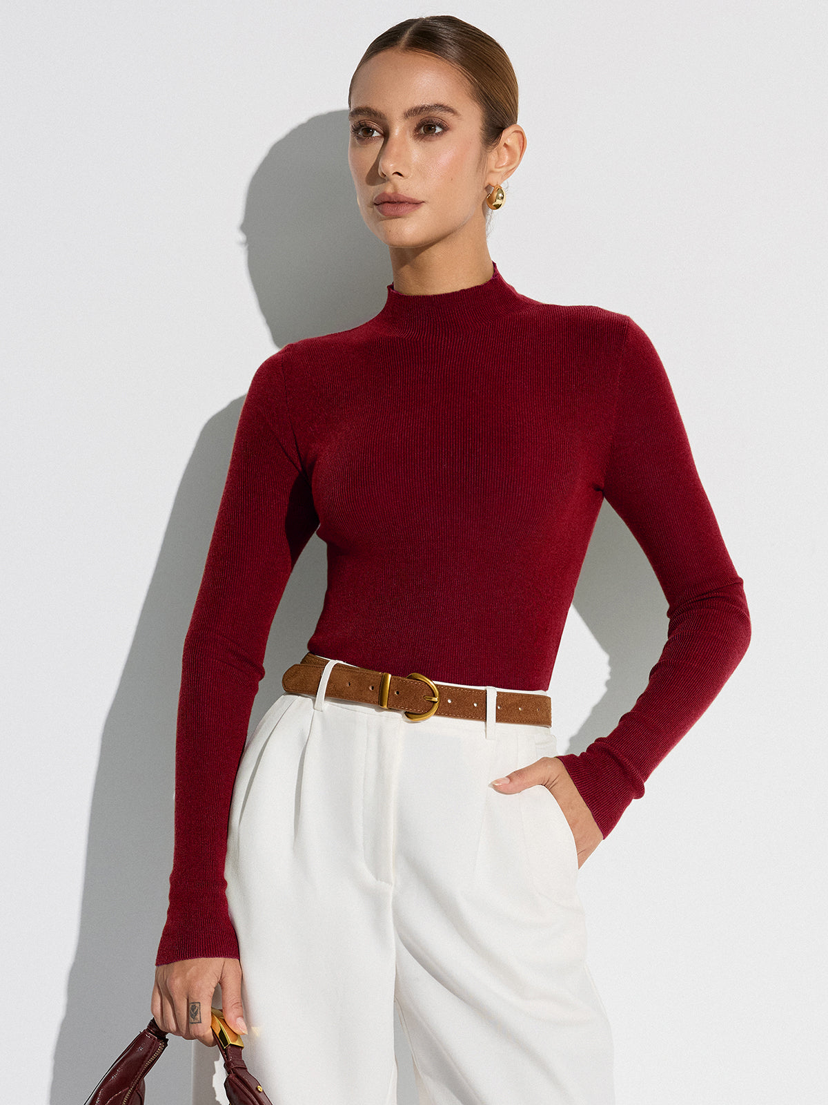 Mock Neck Wool-Blend Knit Top for Women, Cozy Winter Essential