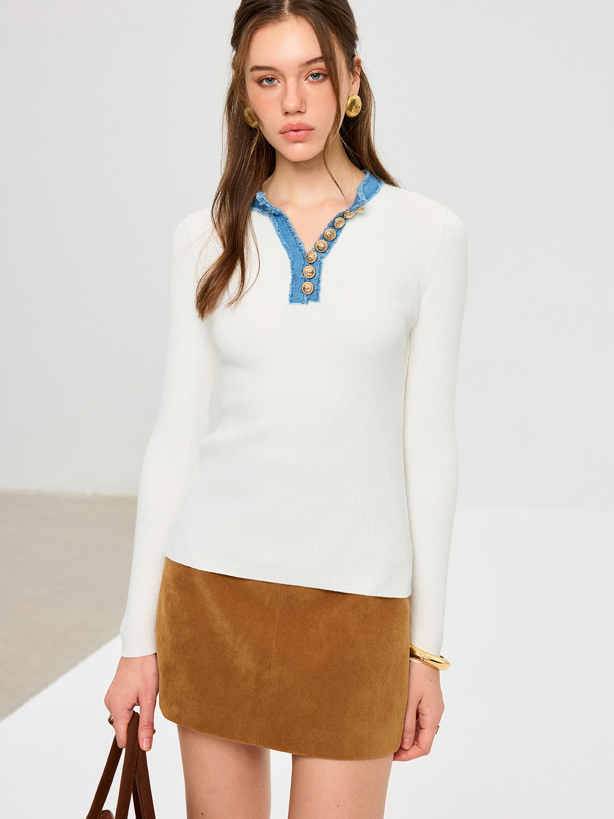 Wool Blend Denim Trim Metal Detail Knit Top for Women Stylish Casual