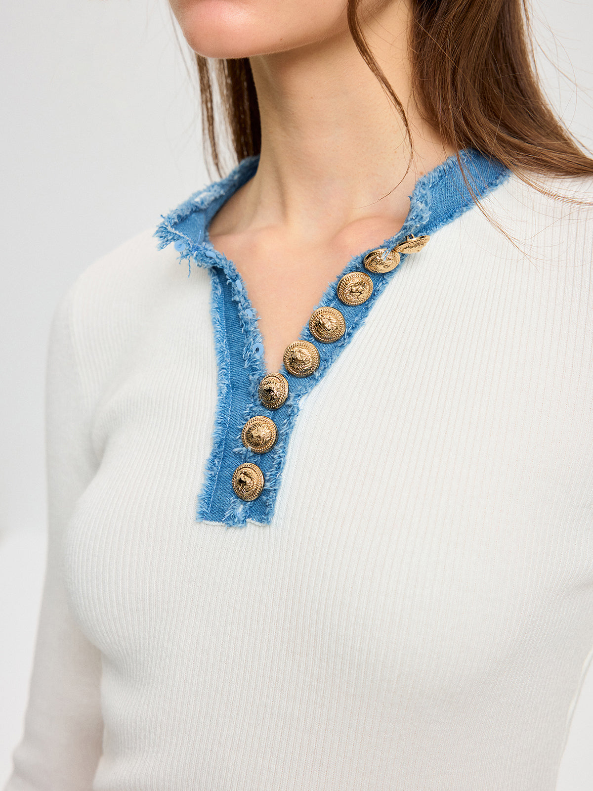 Wool Blend Denim Trim Metal Detail Knit Top for Women Stylish Casual