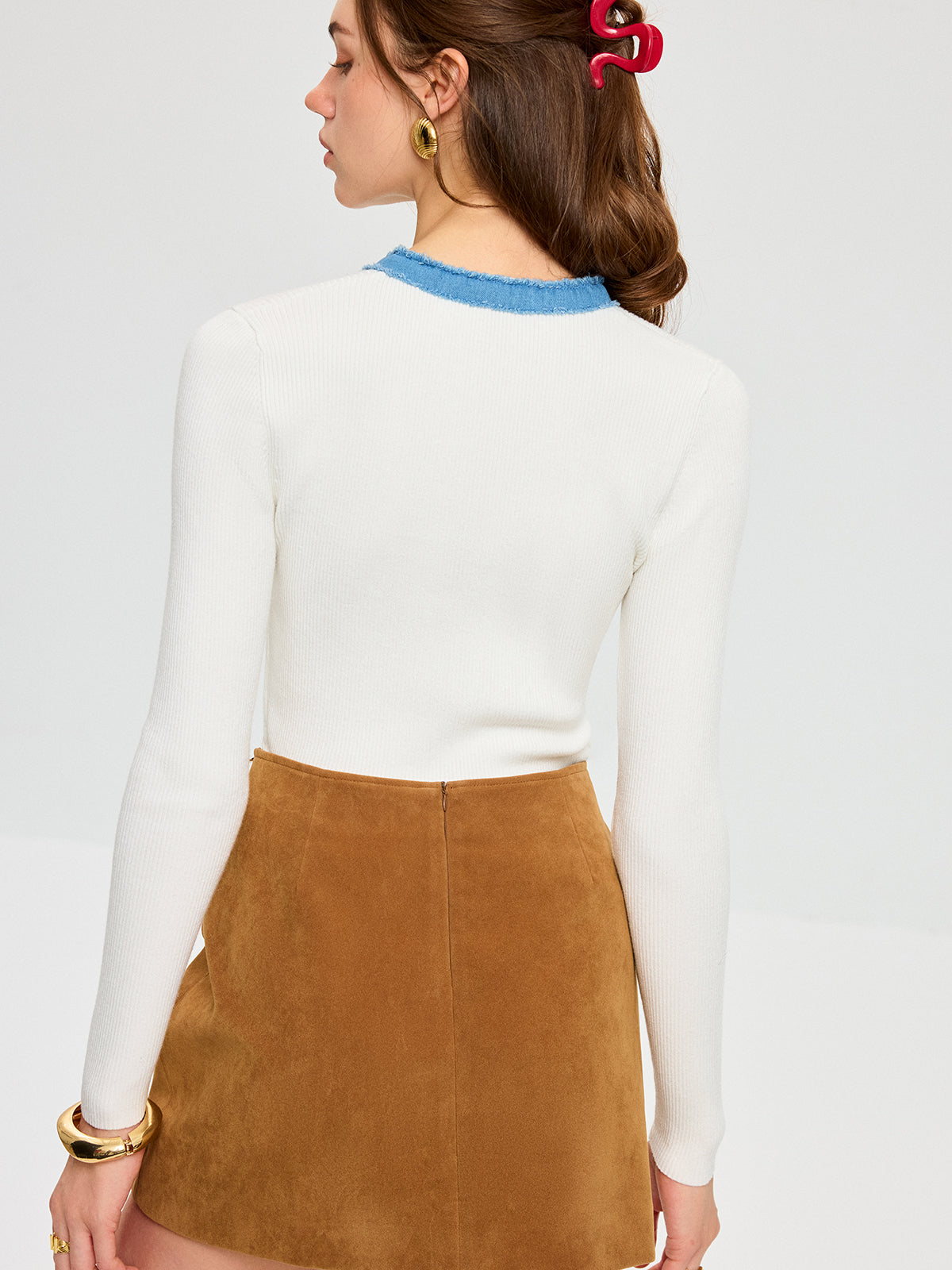 Wool Blend Denim Trim Metal Detail Knit Top for Women Stylish Casual