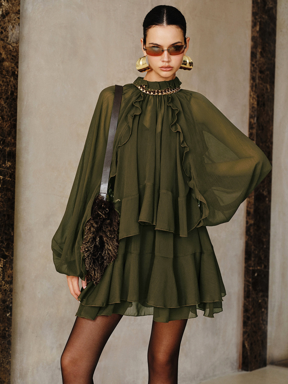 Tiered Ruffle Chiffon Mini Dress Set with Liner Women's Lightweight Fashionable