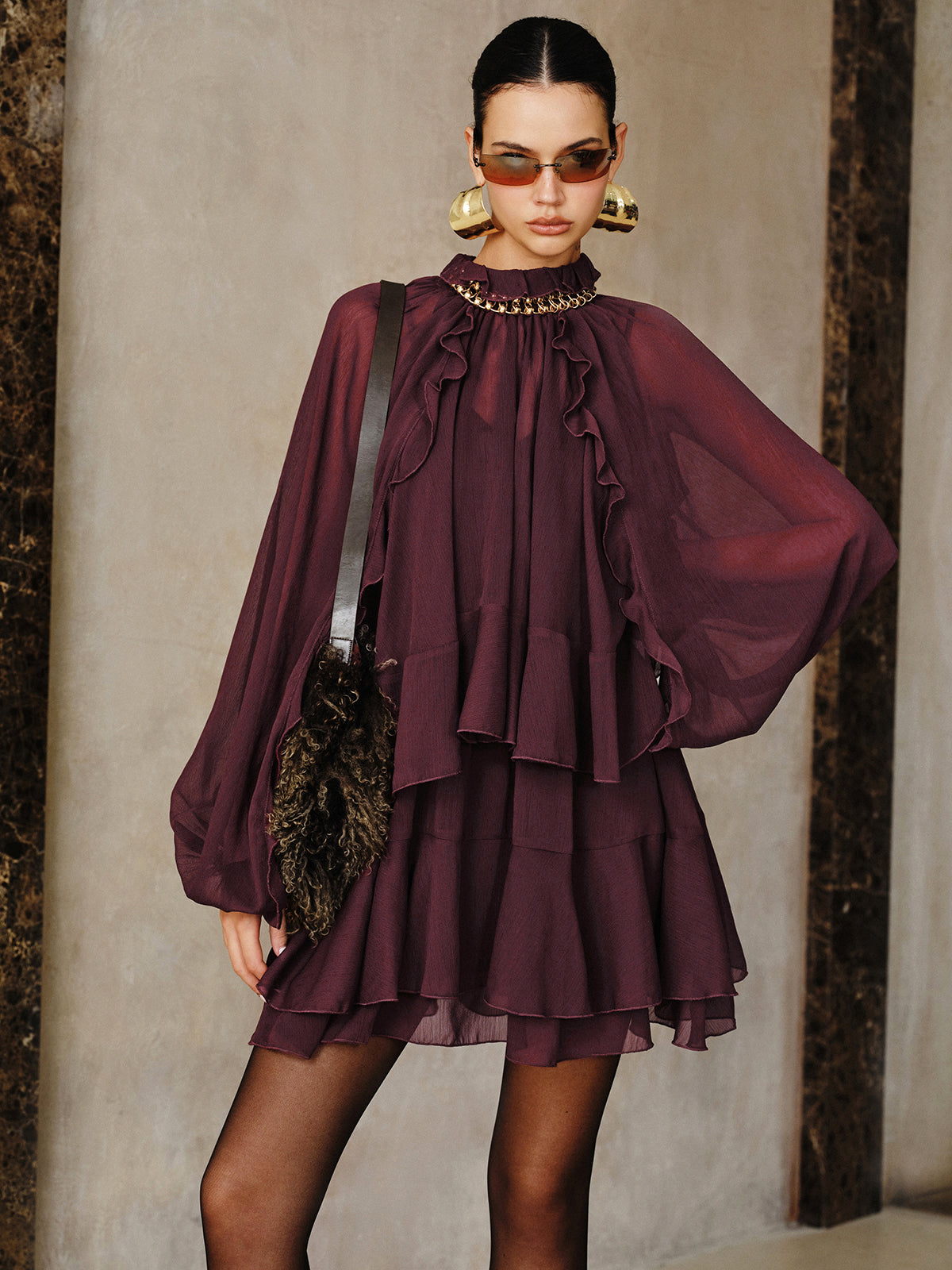 Tiered Ruffle Chiffon Mini Dress Set with Liner Women's Lightweight Fashionable