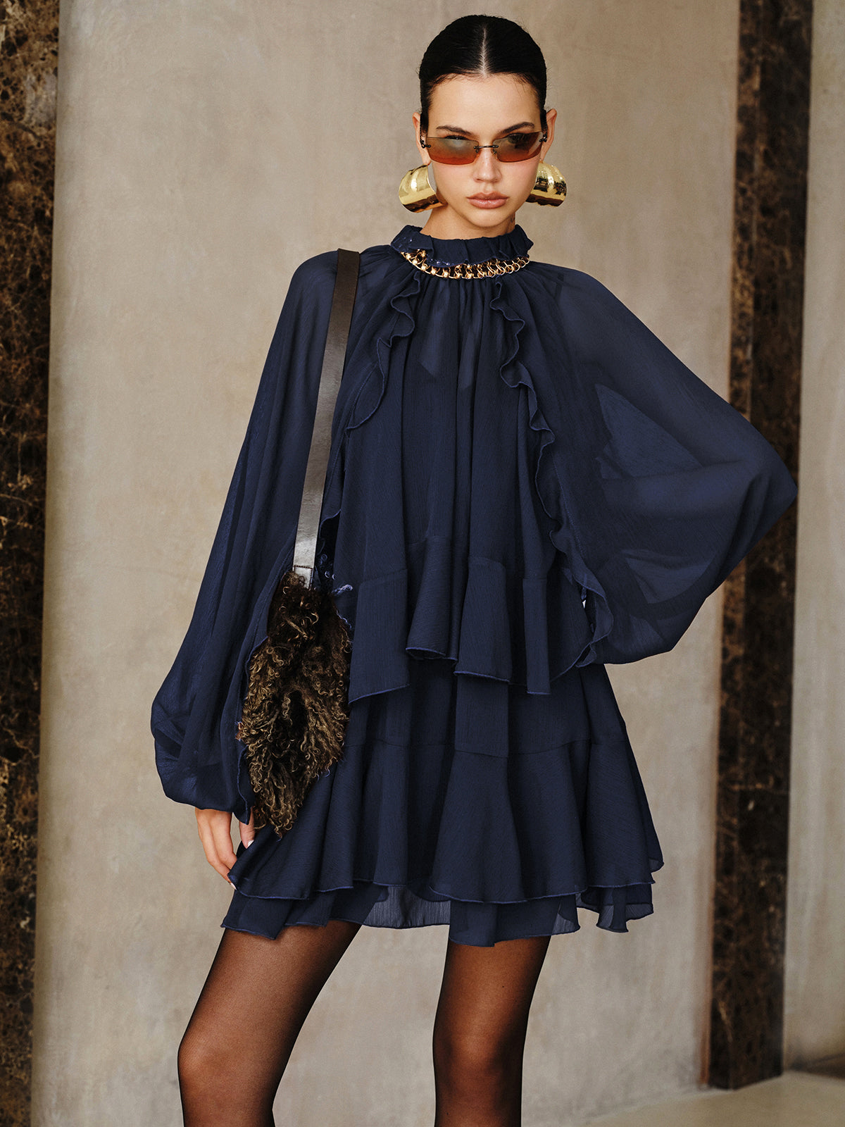 Tiered Ruffle Chiffon Mini Dress Set with Liner Women's Lightweight Fashionable