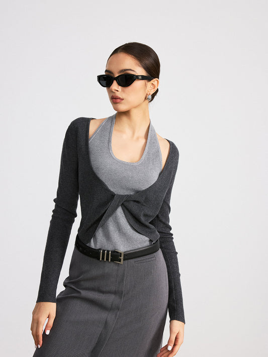 2 in 1 Twist Color-Block Wool Blend Knit Top Versatile Layering Piece