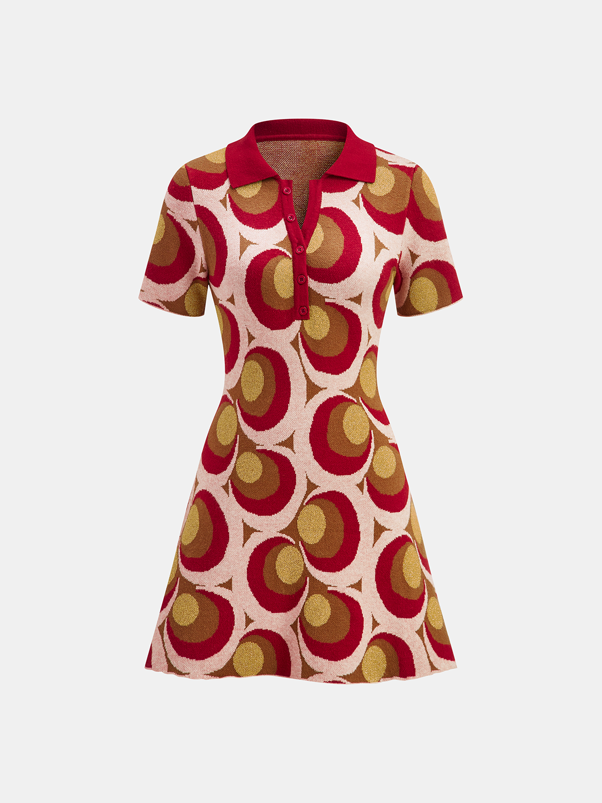 Vintage Print Polo Collar Sweater Dress with Button Detail