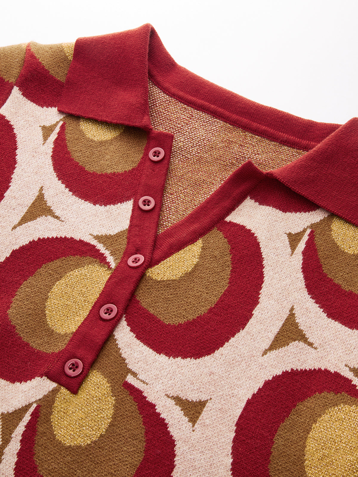 Vintage Print Polo Collar Sweater Dress with Button Detail