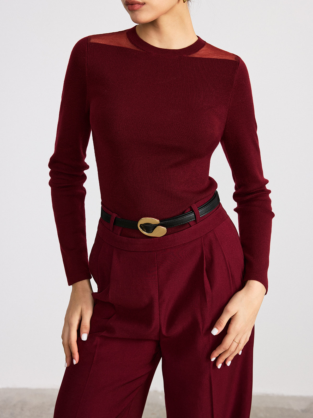 Sheer Paneled Wool Blend Knit Top Lightweight Designer Fashion