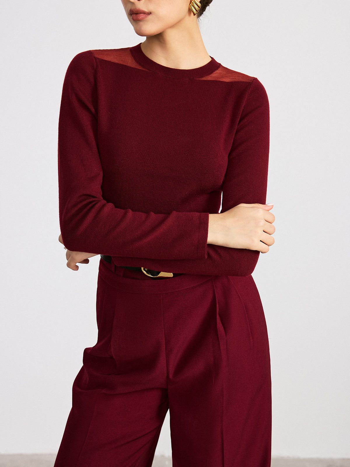 Sheer Paneled Wool Blend Knit Top Lightweight Designer Fashion