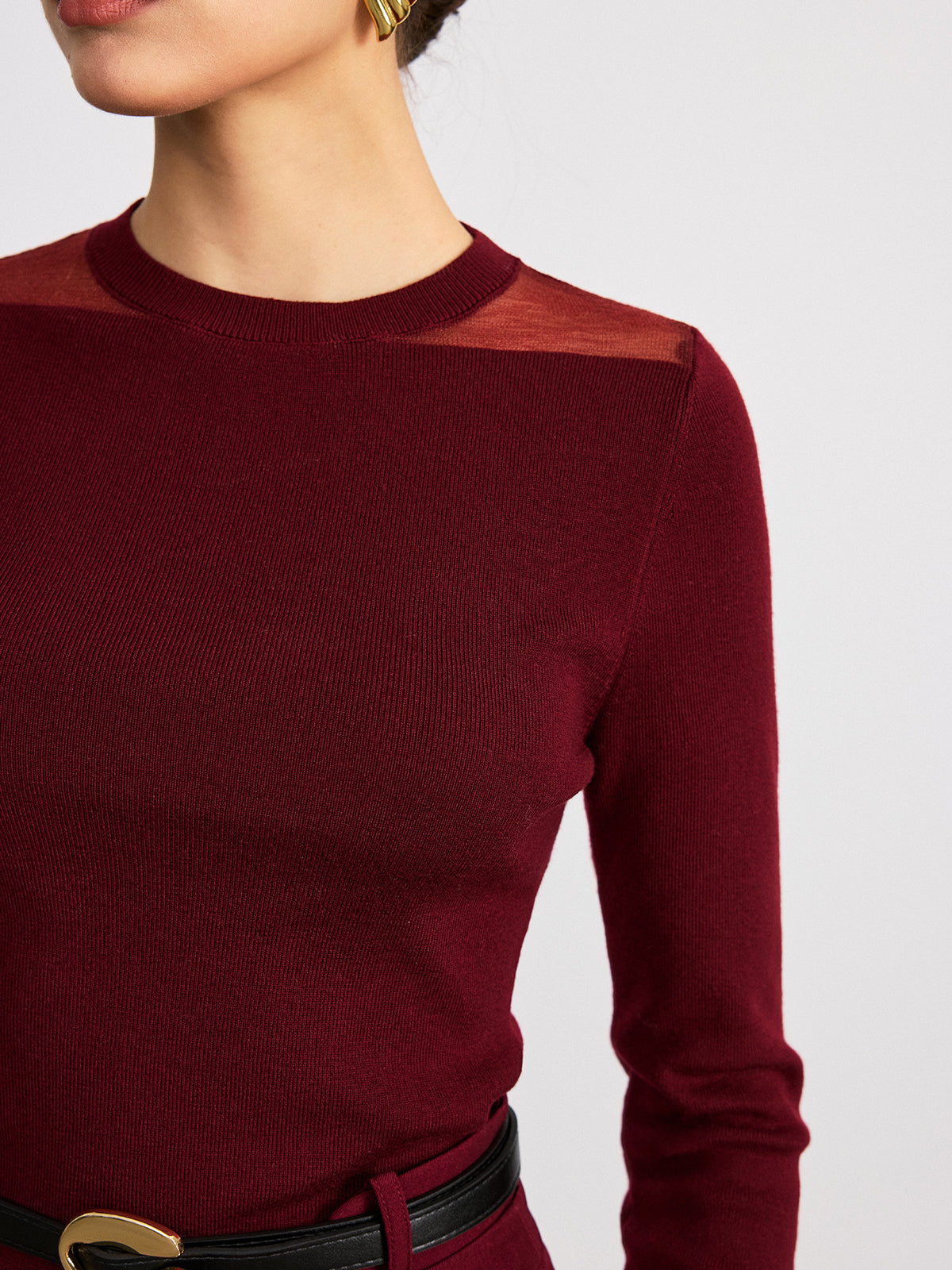 Sheer Paneled Wool Blend Knit Top Lightweight Designer Fashion