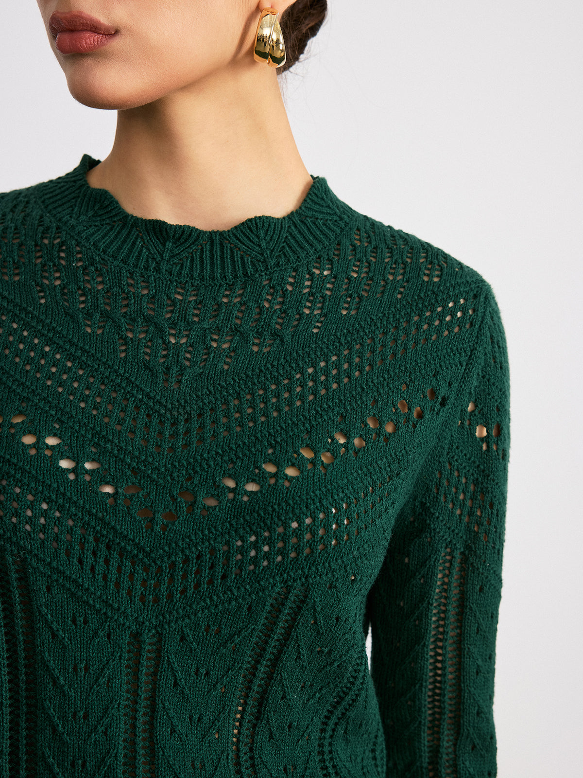 Scalloped Edge Openwork Knit Sweater: Lightweight Comfortable Design for Women
