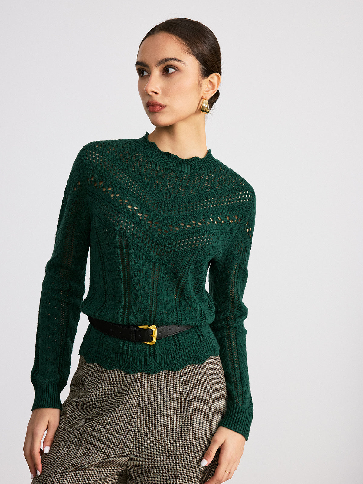Scalloped Edge Openwork Knit Sweater: Lightweight Comfortable Design for Women