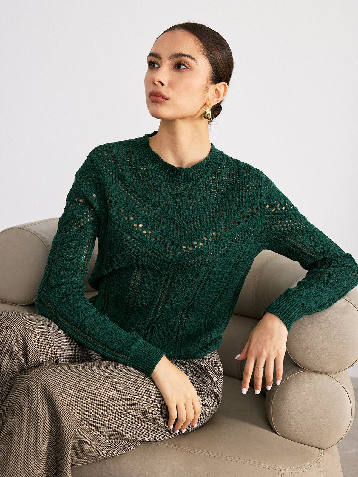 Scalloped Edge Openwork Knit Sweater: Lightweight Comfortable Design for Women