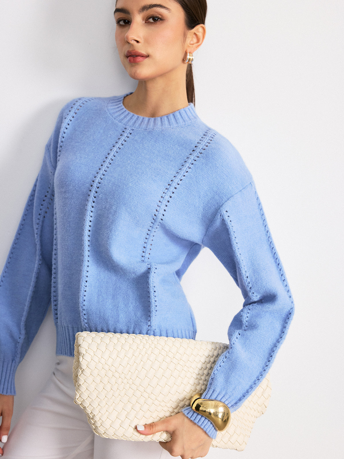 Eyelet Detail Crew Neck Sweater Cozy Knit Fall Fashion Essentials